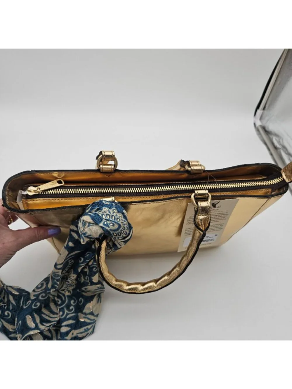 Patricia Nash Tote Shoulder Metallic Leather Handbag Aileen Greek Gold Scarf NWT